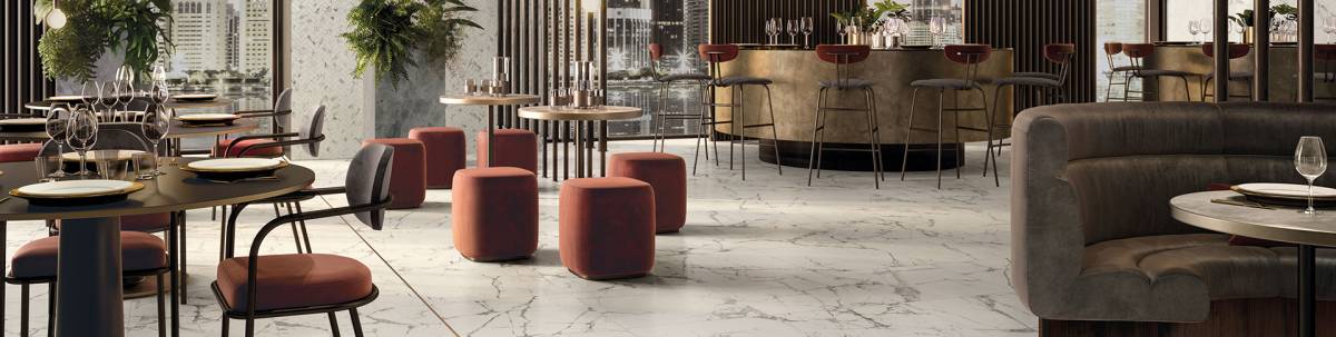 CHARME EVO Renoir Plus porcelain trim, lifestyle installation view 1, 3"×24"×11/32" size. Premium porcelain for floors and walls.
