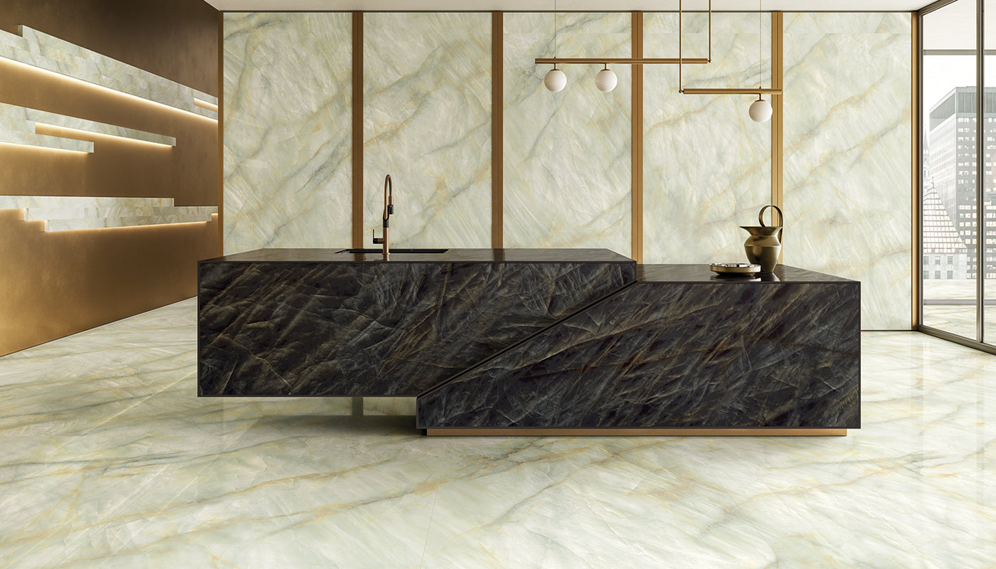 Tele di Marmo Crystal VITRUM BLACK porcelain field tile by Emil, silktech finish, 48"x48" size. Premium Italian porcelain for floors and walls.