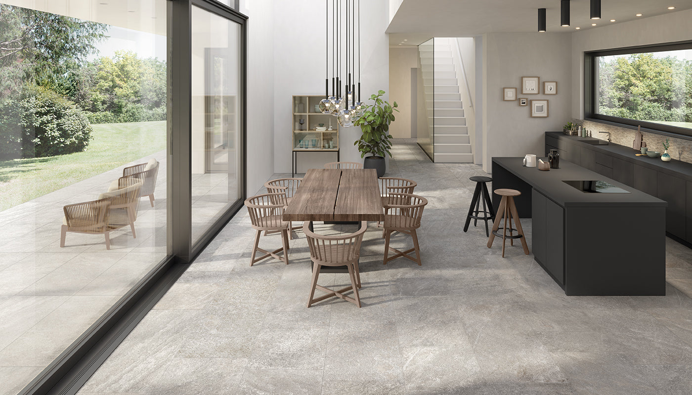 Oros Stone GREY porcelain mosaic tile by Emil, naturale finish, 12"x24" size. Premium Italian porcelain for floors and walls.