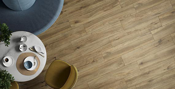 SEQUOIA Blonde porcelain field tile, lifestyle installation view 2, 8"×40"×5/16" size. Premium porcelain for floors and walls.