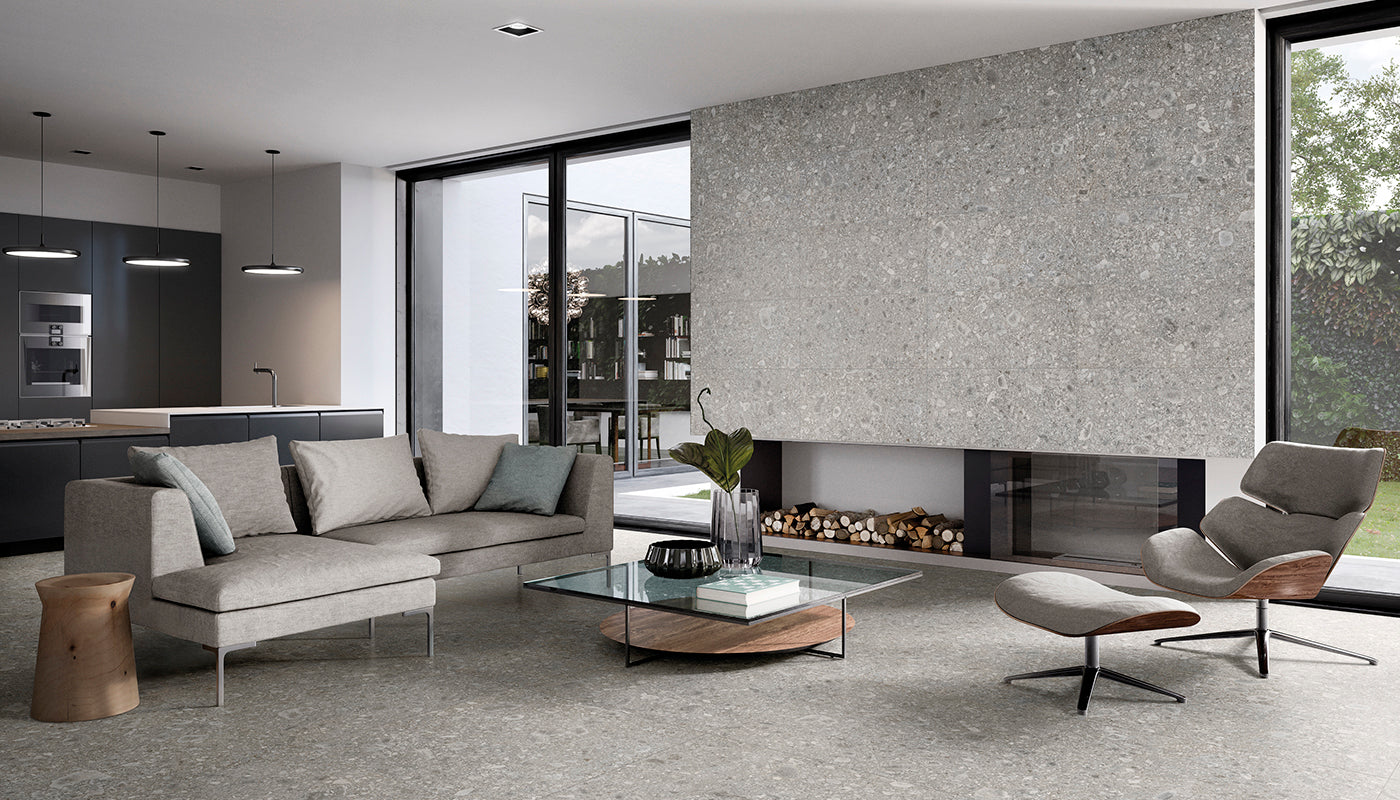 Lombarda GRIGIO porcelain mosaic tile by Emil, lappato finish, 12"x24" size. Premium Italian porcelain for floors and walls.