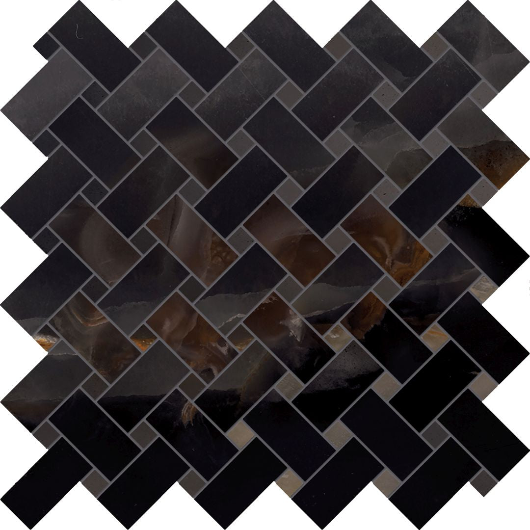 Tele di Marmo Onyx Onyx Black porcelain decorative accent tile by Emil, full lappato finish, 11 13/16"x11 13/16"x9.5-mm size. Premium Italian porcelain for floors and walls.
