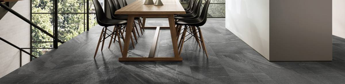 MILESTONE East Beige porcelain trim, lifestyle installation view 1, 3"×24"×11/32" size. Premium porcelain for floors and walls.