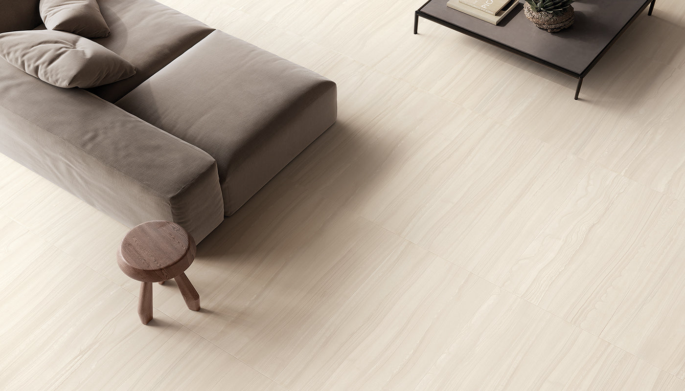 Varana Stone Beige porcelain field tile by Emil, silktech plus finish, 23 5/8"x47 1/4"x9-mm size. Premium Italian porcelain for floors and walls.