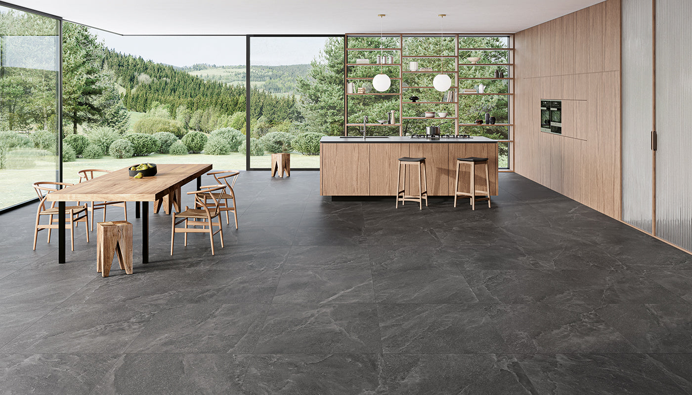 Salt Stone Black Iron porcelain field tile by Emil, naturale finish, 31 1/2"x31 1/2"x9.5-mm size. Premium Italian porcelain for floors and walls.