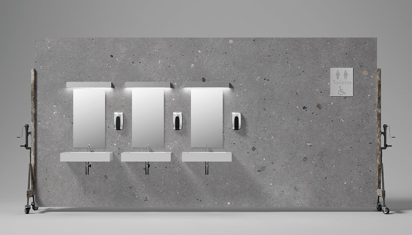 Level Stone Cantera Grey porcelain field tile by Emil, bocciardato finish, 63 25/32"x127 9/16"x20-mm size. Premium Italian porcelain for floors and walls.