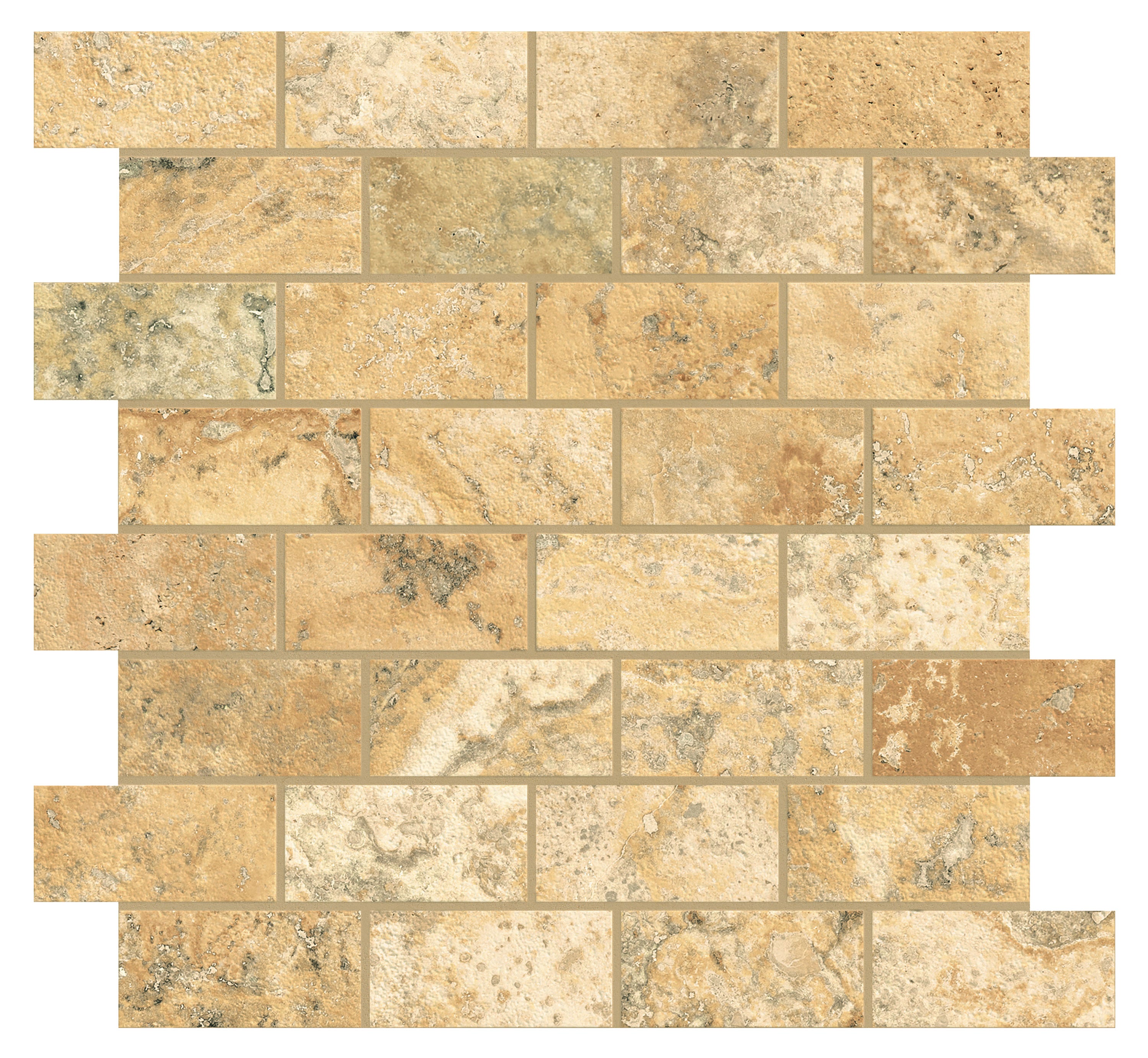 Trail Cross Cut Scabas porcelain mosaic, top-down product view, 12"×12"×11/32" size. Premium porcelain for floors and walls.