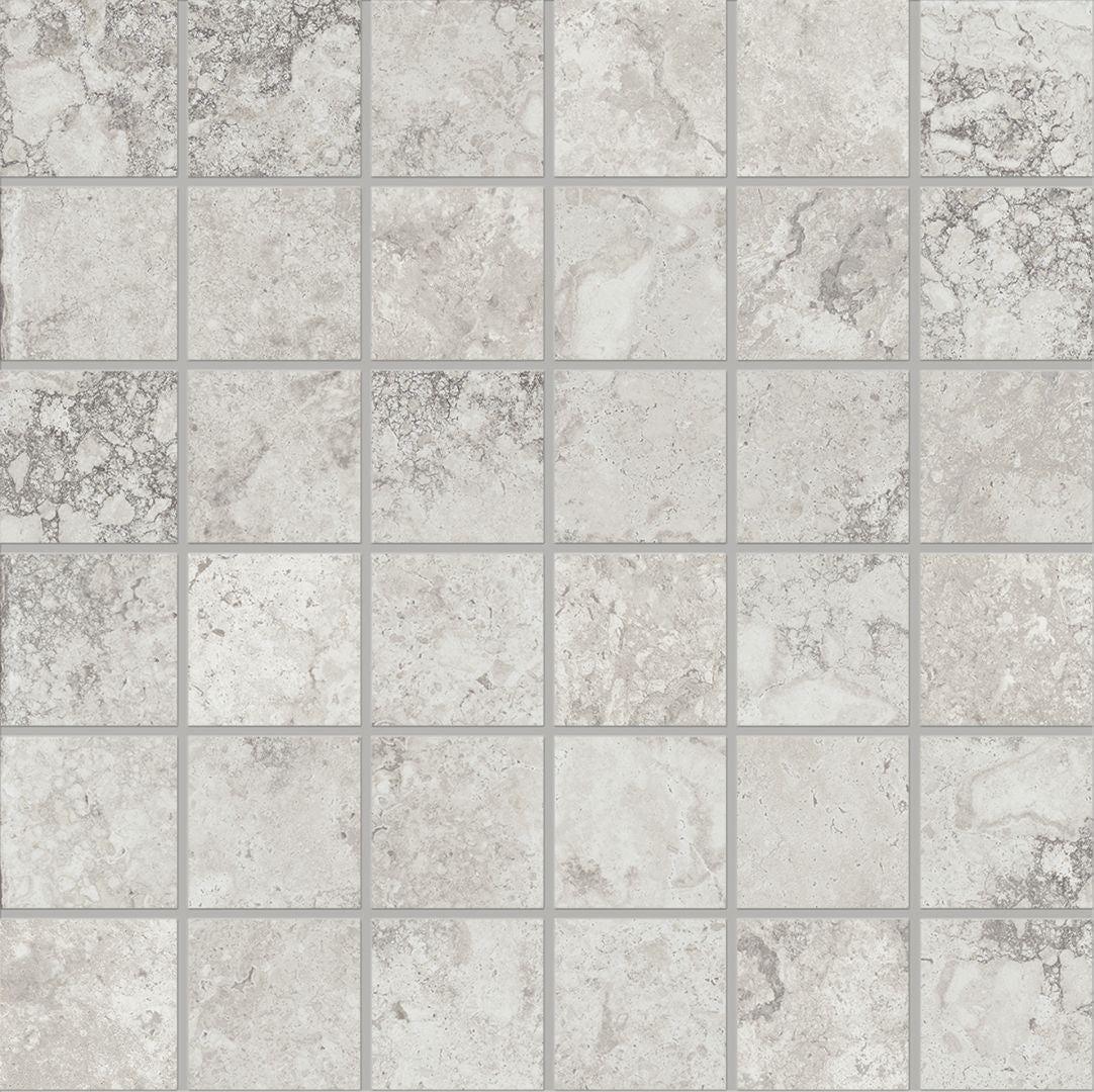 Unique Travertine Silver porcelain mosaic tile by Emil, 11 13/16"x11 13/16"x9.5-mm size. Premium Italian porcelain for floors and walls.