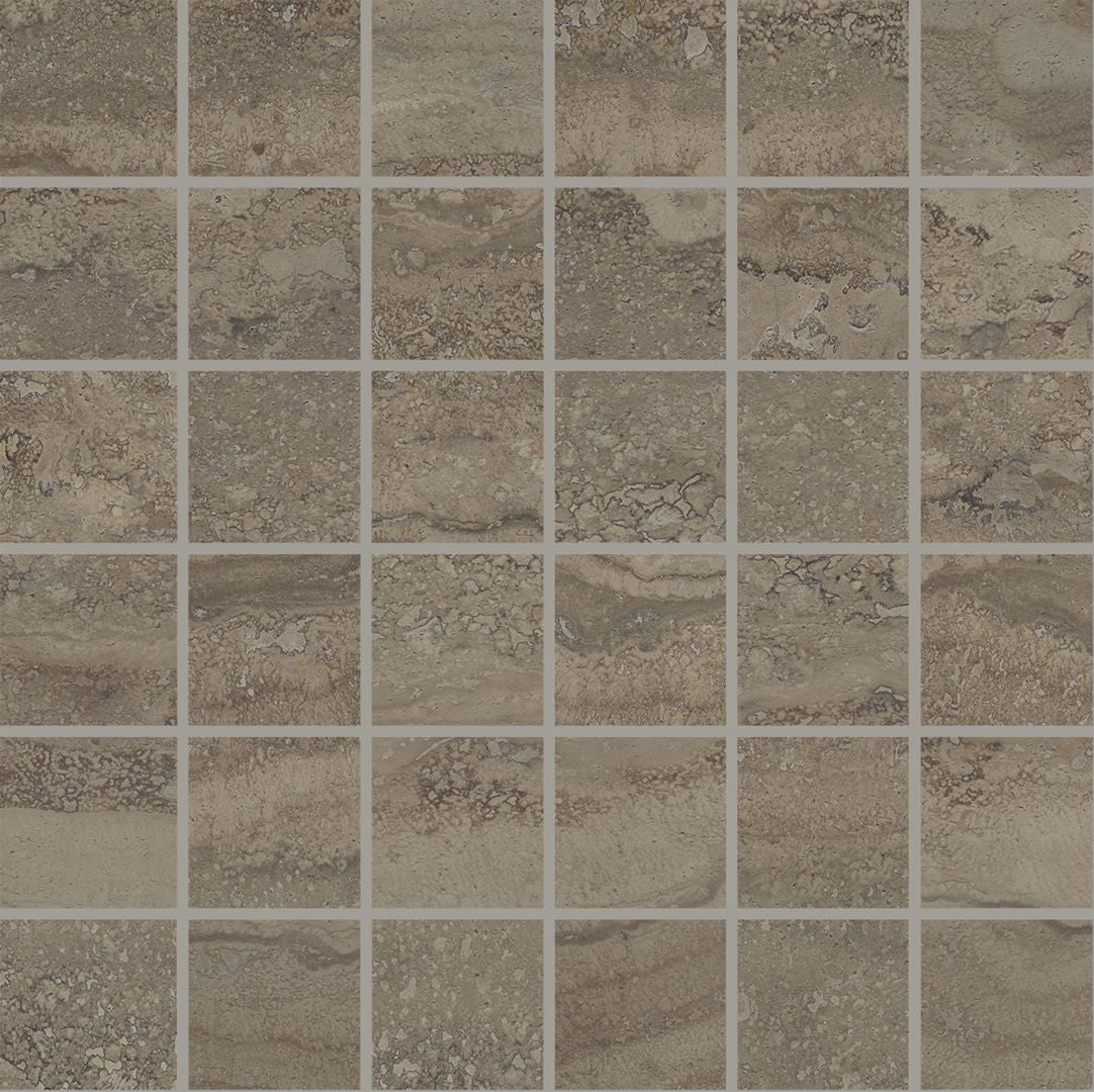 Unique Travertine Chocolate porcelain mosaic tile by Emil, 11 13/16"x11 13/16"x9.5-mm size. Premium Italian porcelain for floors and walls.