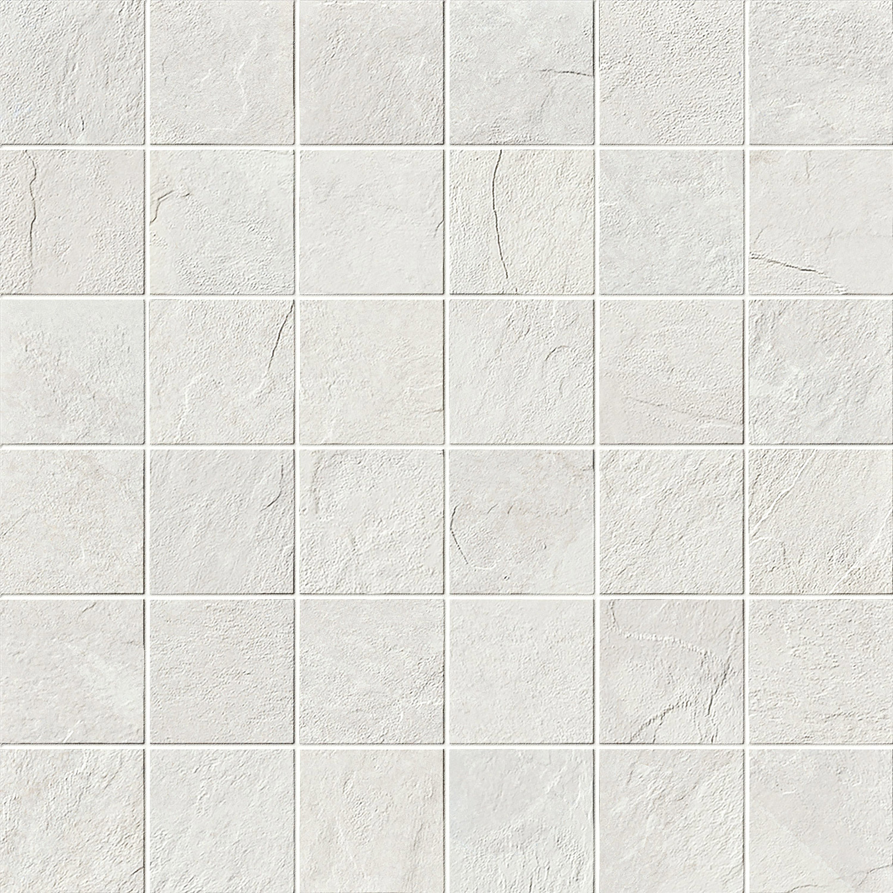 Essence Montauk White porcelain mosaic, top-down product view, 12"×12"×11/32" size. Premium porcelain for floors and walls.