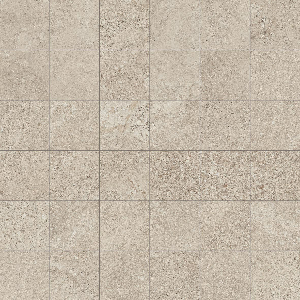 Siena Sand porcelain mosaic, top-down product view, 12"×12"×5/16" size. Premium porcelain for floors and walls.