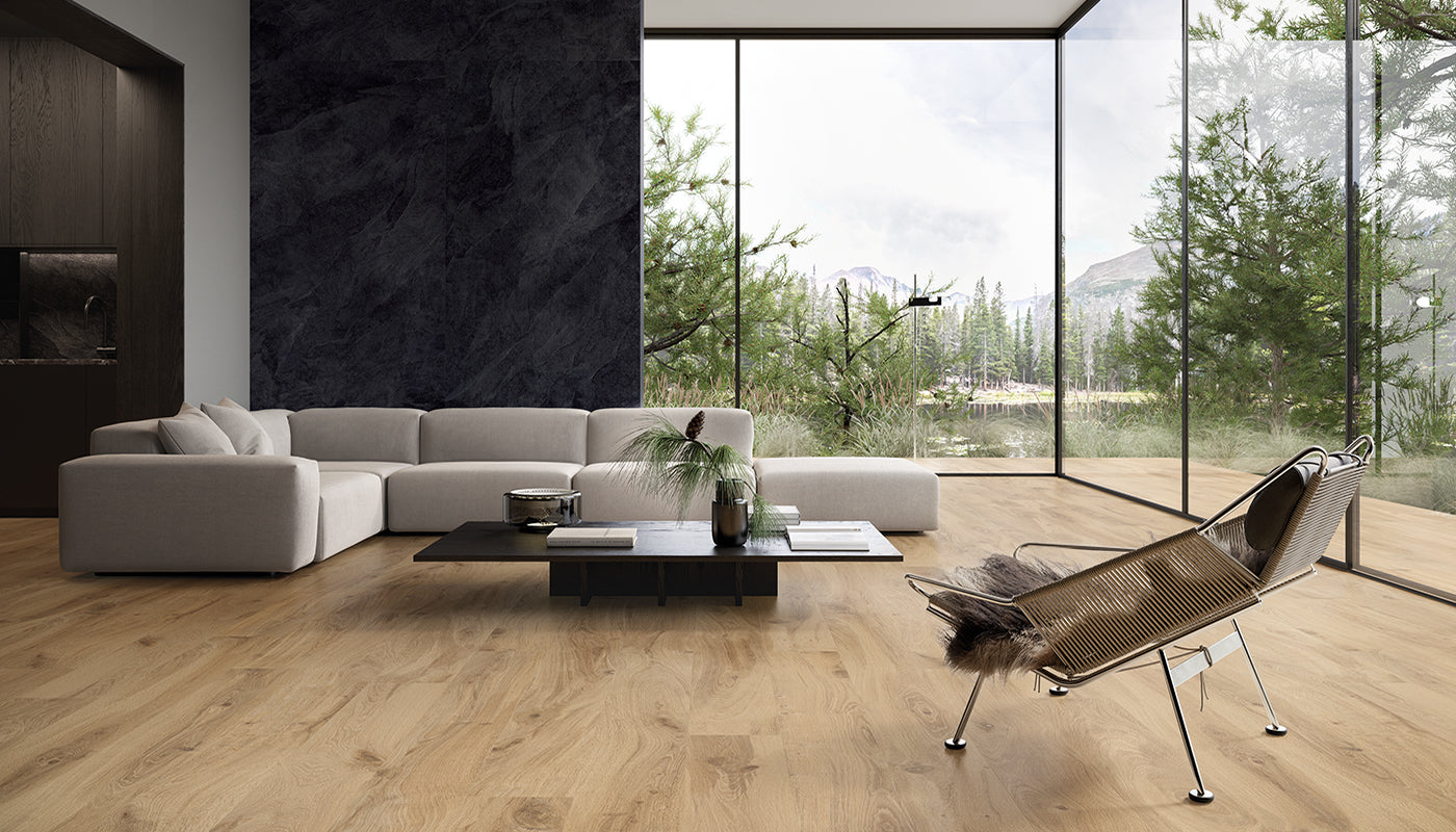 I-Wood ROVERE DORATO porcelain field tile by Emil, naturale finish, 9"x71" size. Premium Italian porcelain for floors and walls.