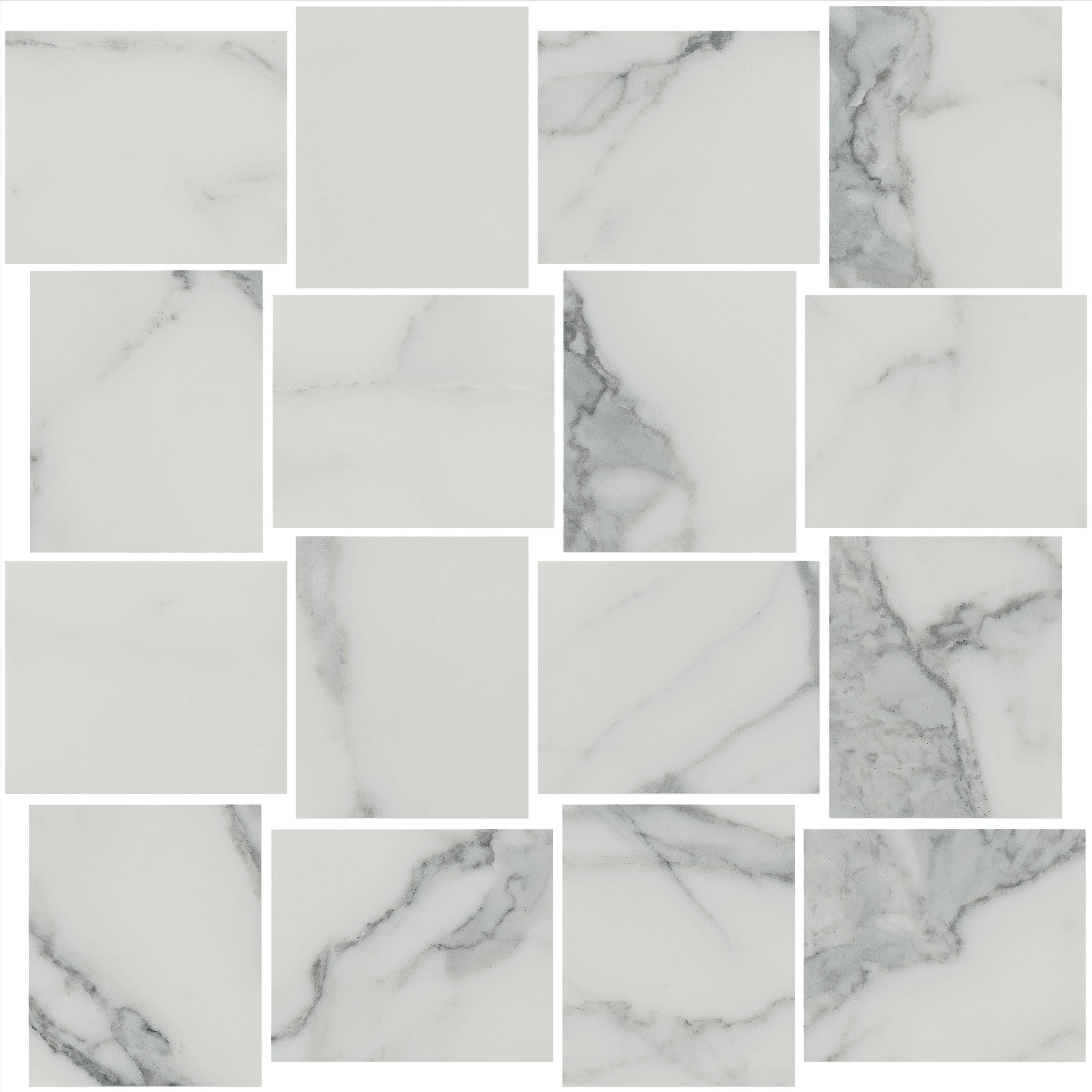CHARME Veined Statuario porcelain mosaic, top-down product view, 12"×12"×11/32" size. Premium porcelain for floors and walls.