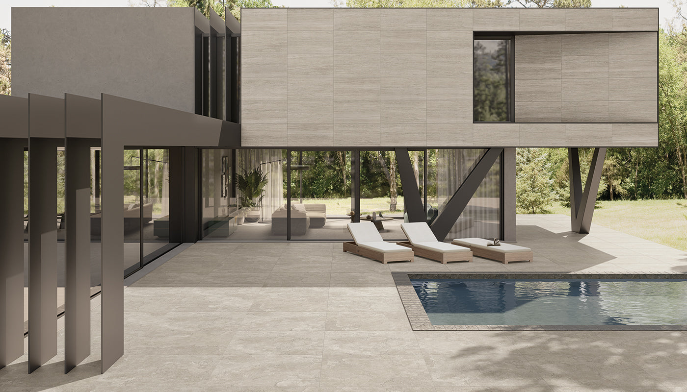 Portland Stone ASH porcelain mosaic tile by Emil, naturale finish, 8"x12" size. Premium Italian porcelain for floors and walls.