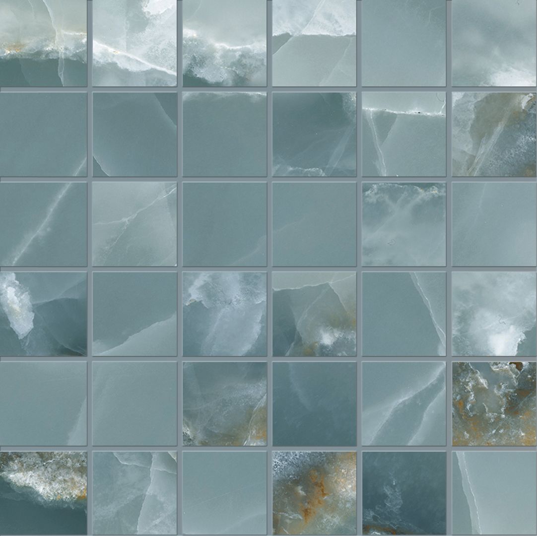 Tele di Marmo Onyx Onyx Green porcelain mosaic tile by Emil, full lappato finish, 11 13/16"x11 13/16"x9.5-mm size. Premium Italian porcelain for floors and walls.