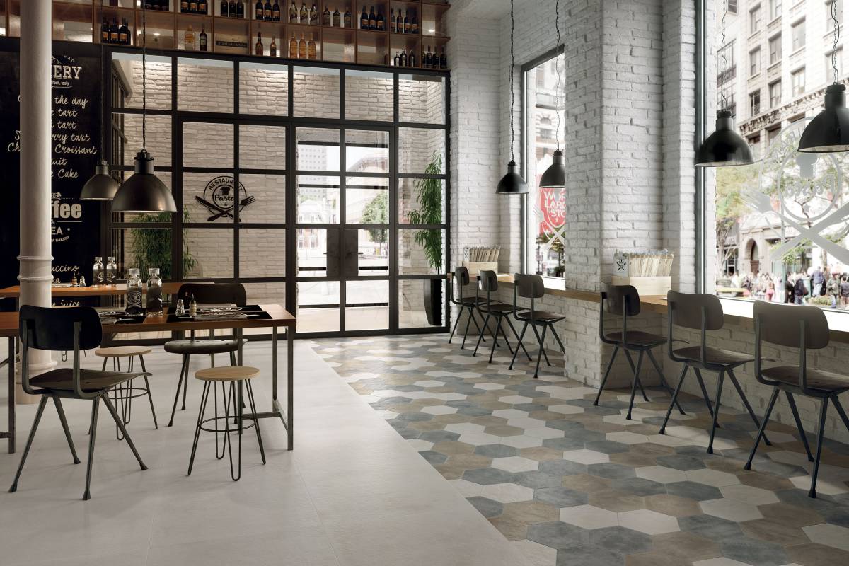ATTITUDE Calm Brown porcelain trim, lifestyle installation view 2, 3"×24"×11/32" size. Premium porcelain for floors and walls.