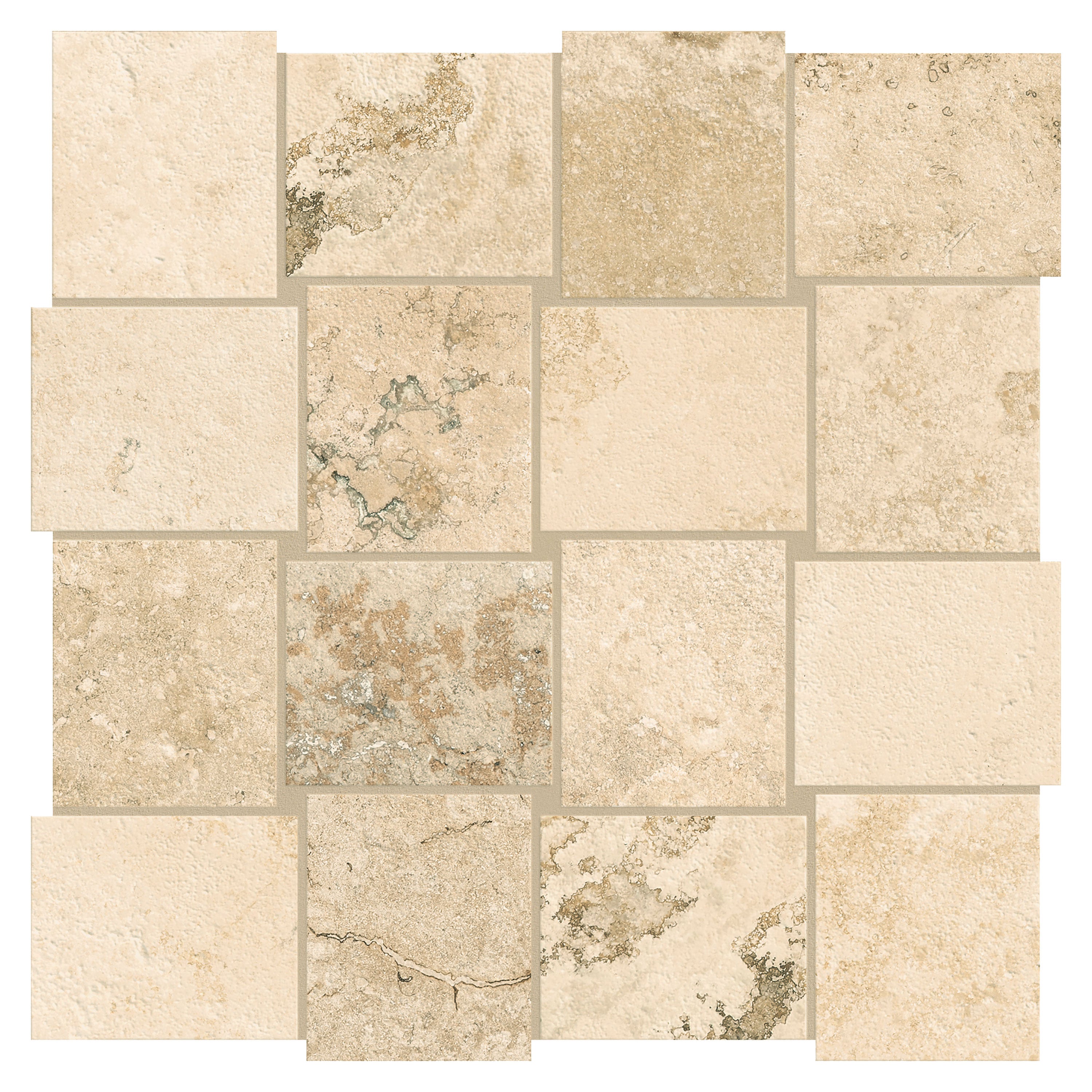 Trail Cross Cut Country Classic porcelain mosaic, top-down product view, 12"×12"×11/32" size. Premium porcelain for floors and walls.