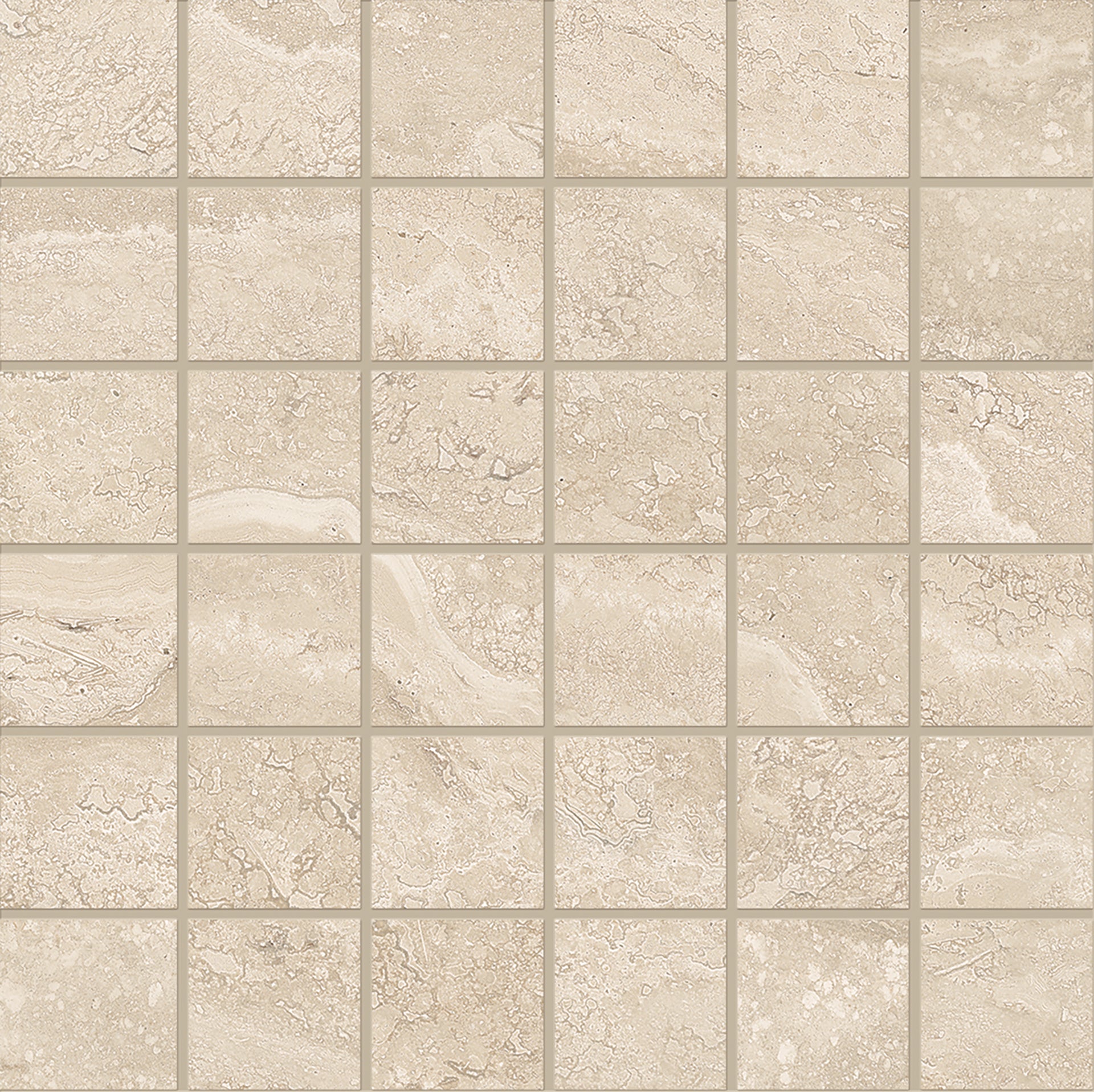 Dual Travertine Beige porcelain mosaic tile by Emil, silktech finish, 11 13/16"x11 13/16"x9-mm size. Premium Italian porcelain for floors and walls.