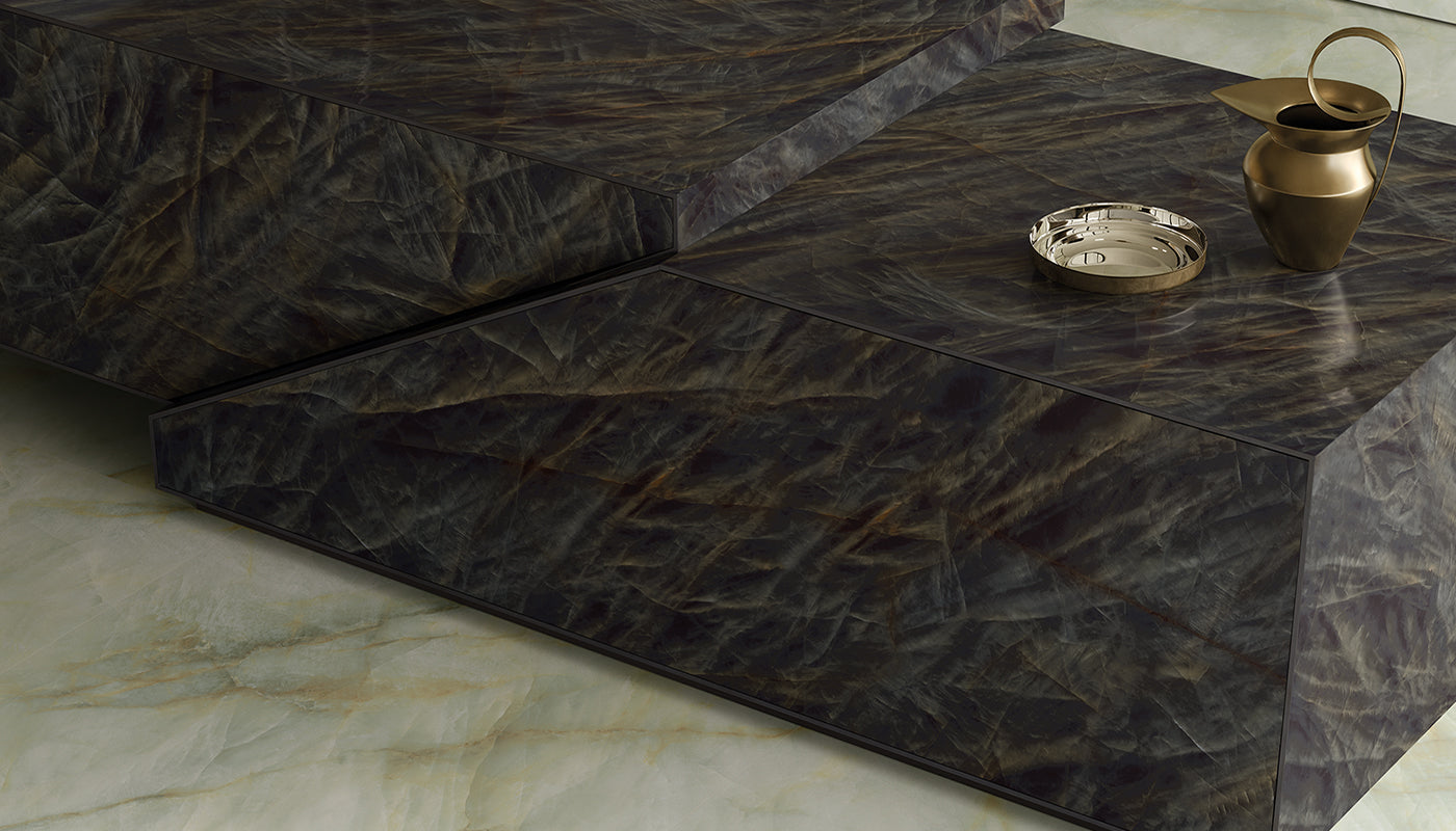 Tele di Marmo Crystal VITRUM BLACK porcelain field tile by Emil, silktech finish, 48"x48" size. Premium Italian porcelain for floors and walls.