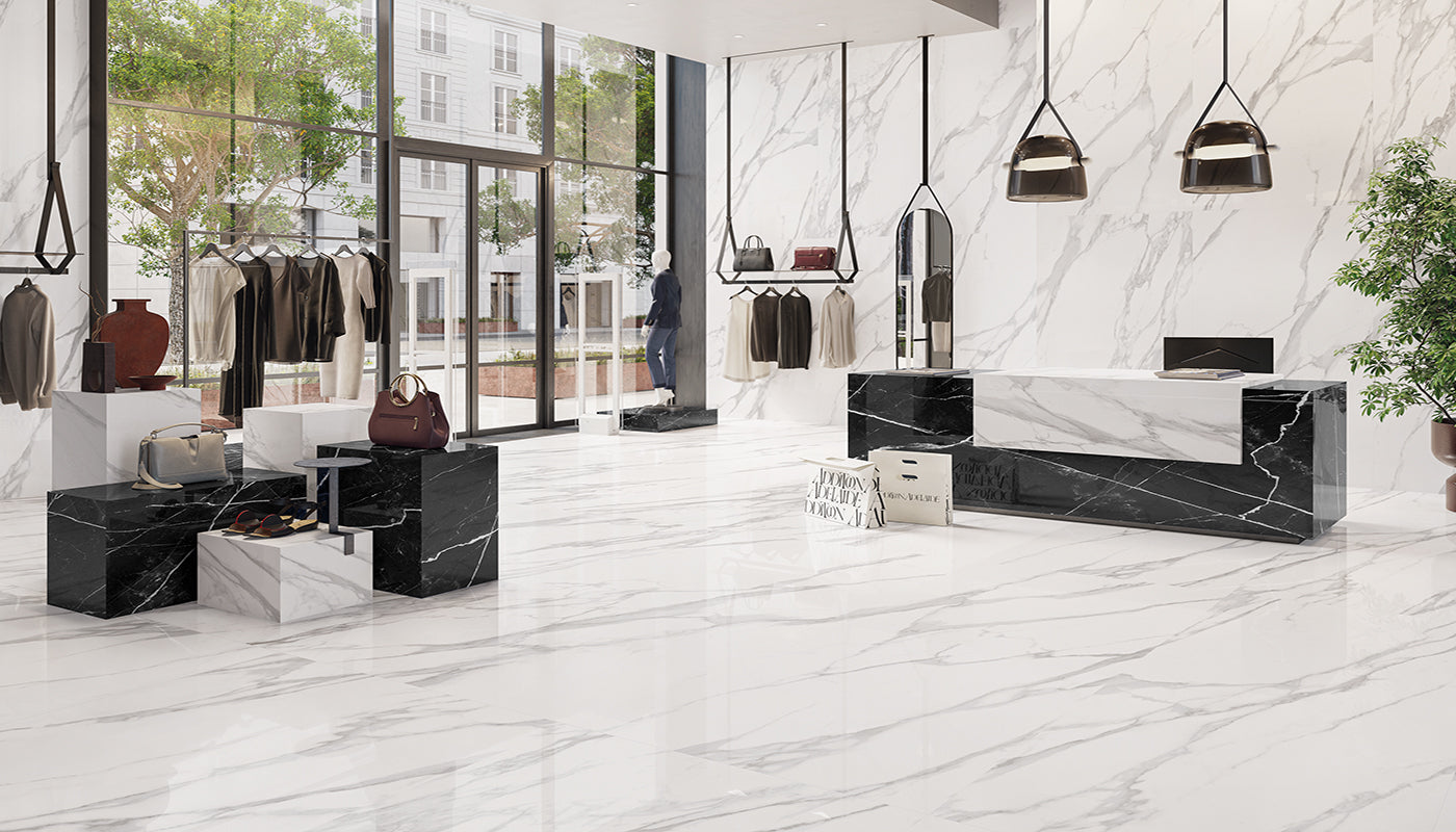 Tele Di Marmo STATUARIO MICHELANGELO porcelain mosaic tile by Emil, full lappato finish, 12"x12" size. Premium Italian porcelain for floors and walls.