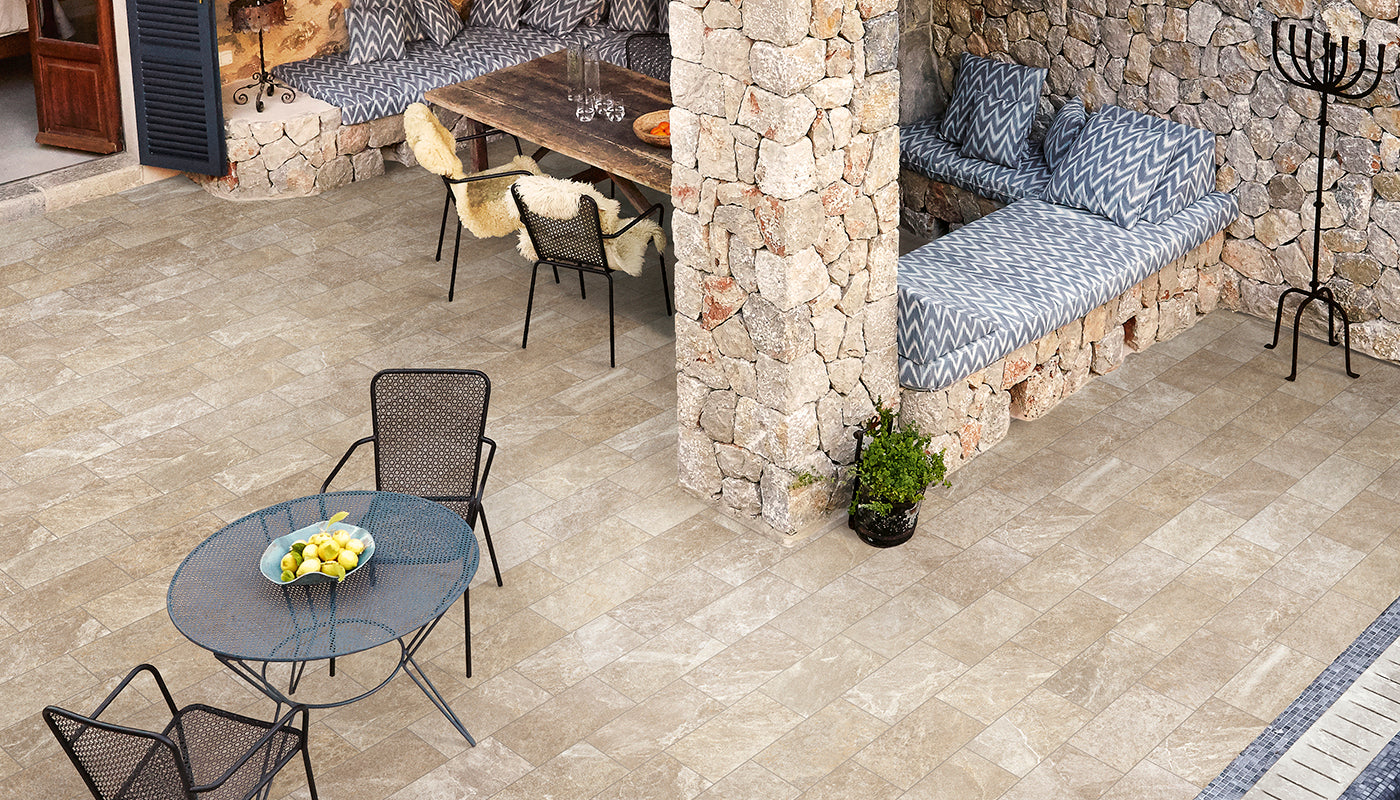 Externa Sabbia porcelain field tile by Emil, naturale finish, 7 7/8"x15 3/4"x9.5-mm size. Premium Italian porcelain for floors and walls.