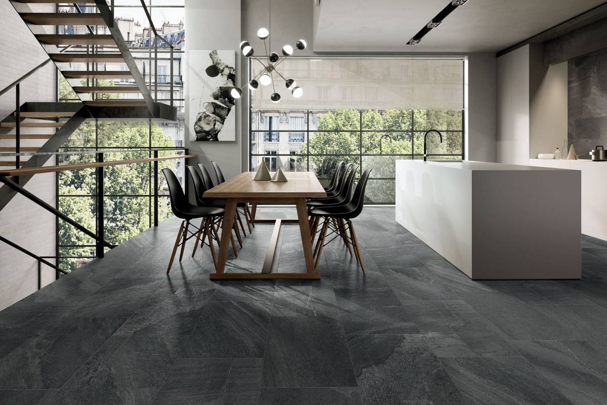 MILESTONE East Beige porcelain trim, lifestyle installation view 3, 3"×24"×11/32" size. Premium porcelain for floors and walls.