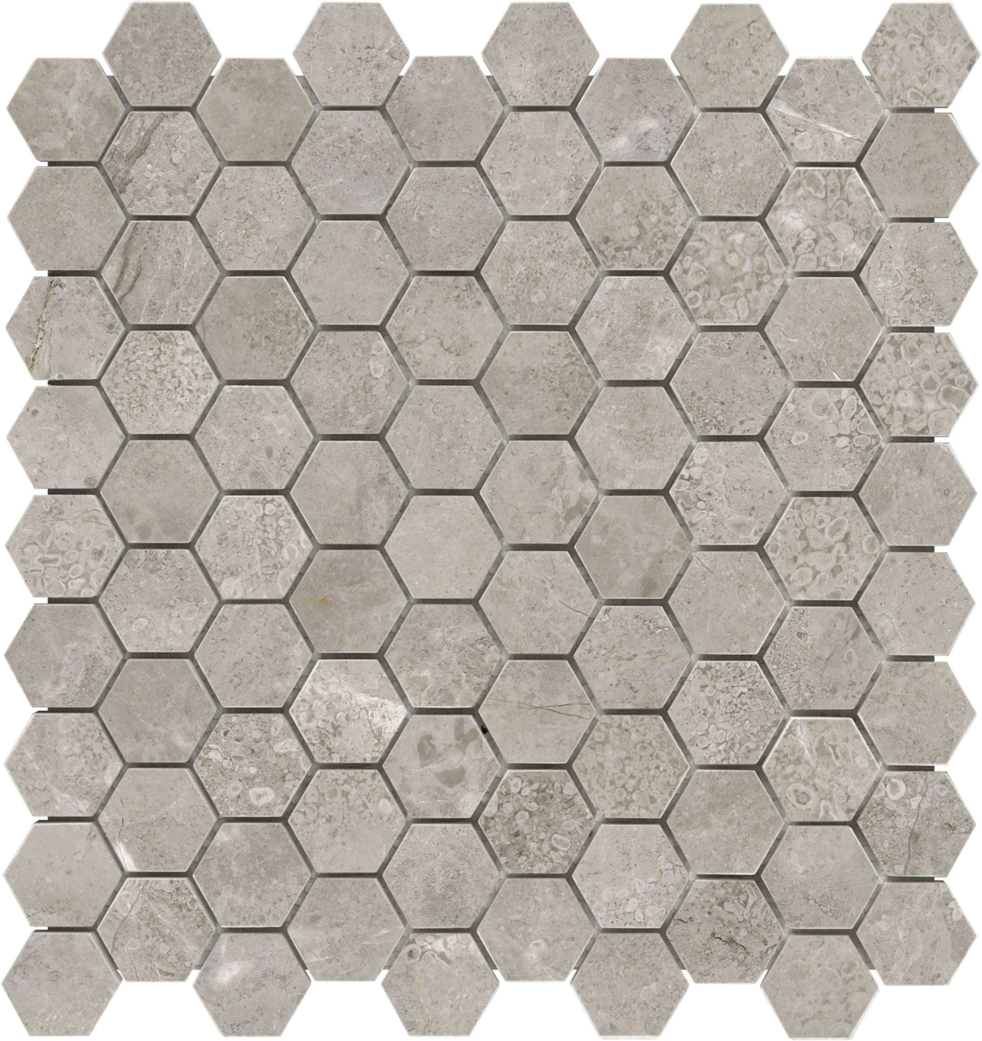 Ritz Gray mosaic by Anatolia Tile, top-down product view, 1 1/4" size. Premium porcelain for floors and walls.