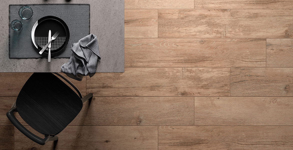 ASPEN Oak porcelain field tile, lifestyle installation view, 8"×40"×5/16" size. Premium porcelain for floors and walls.
