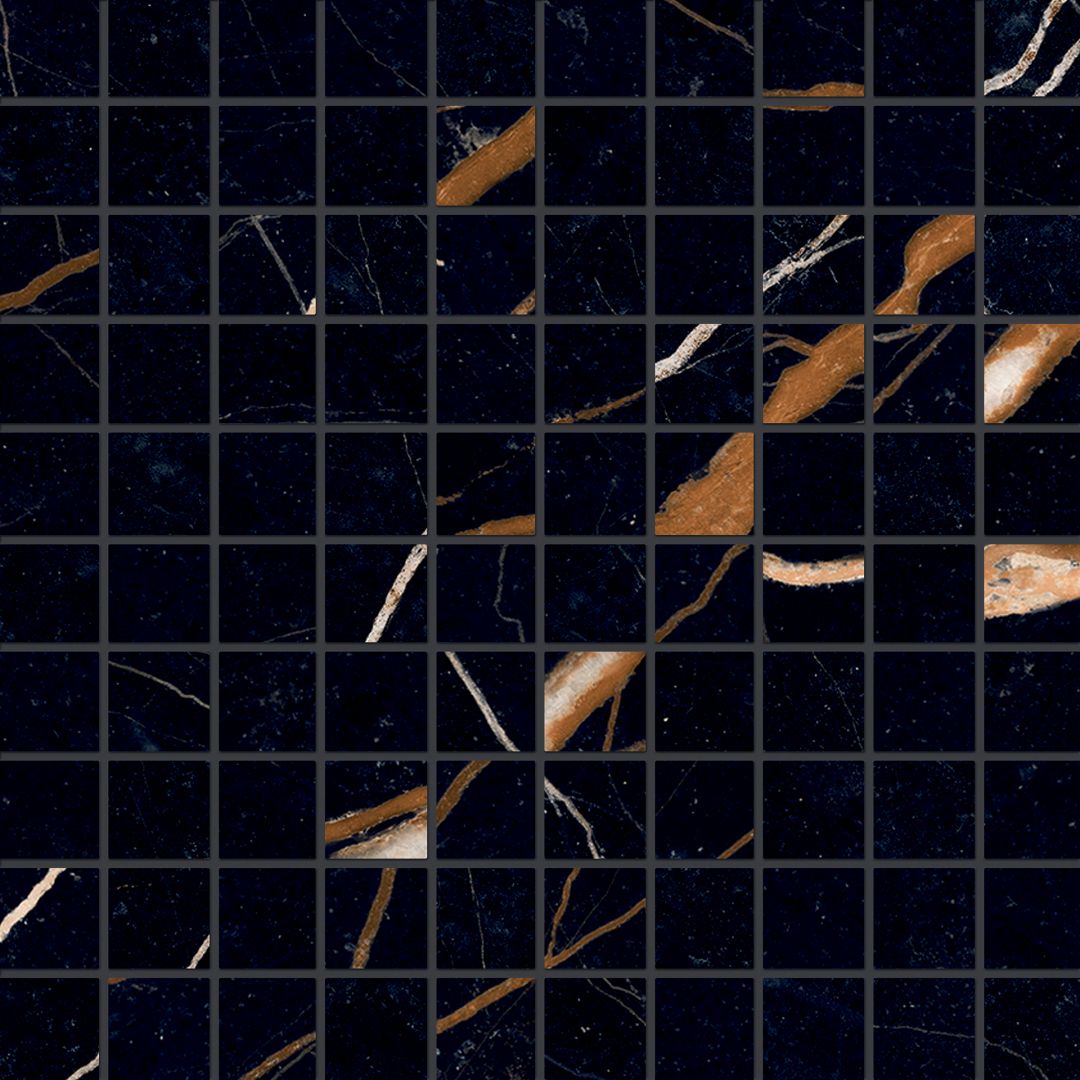 Unique Marble Sahara Noir porcelain mosaic tile by Emil, 11 13/16"x11 13/16"x9.5-mm size. Premium Italian porcelain for floors and walls.