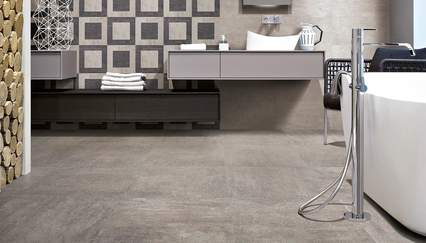 On Square Cemento porcelain field tile by Emil, naturale finish, 11 13/16"x23 5/8"x9.5-mm size. Premium Italian porcelain for floors and walls.