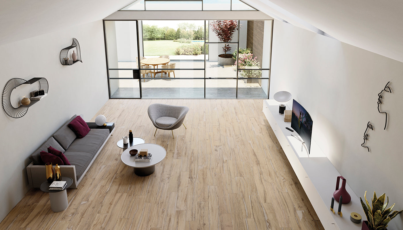 Alter Miele porcelain field tile by Emil, naturale finish, 7 7/8"x47 1/4"x9.5-mm size. Premium Italian porcelain for floors and walls.