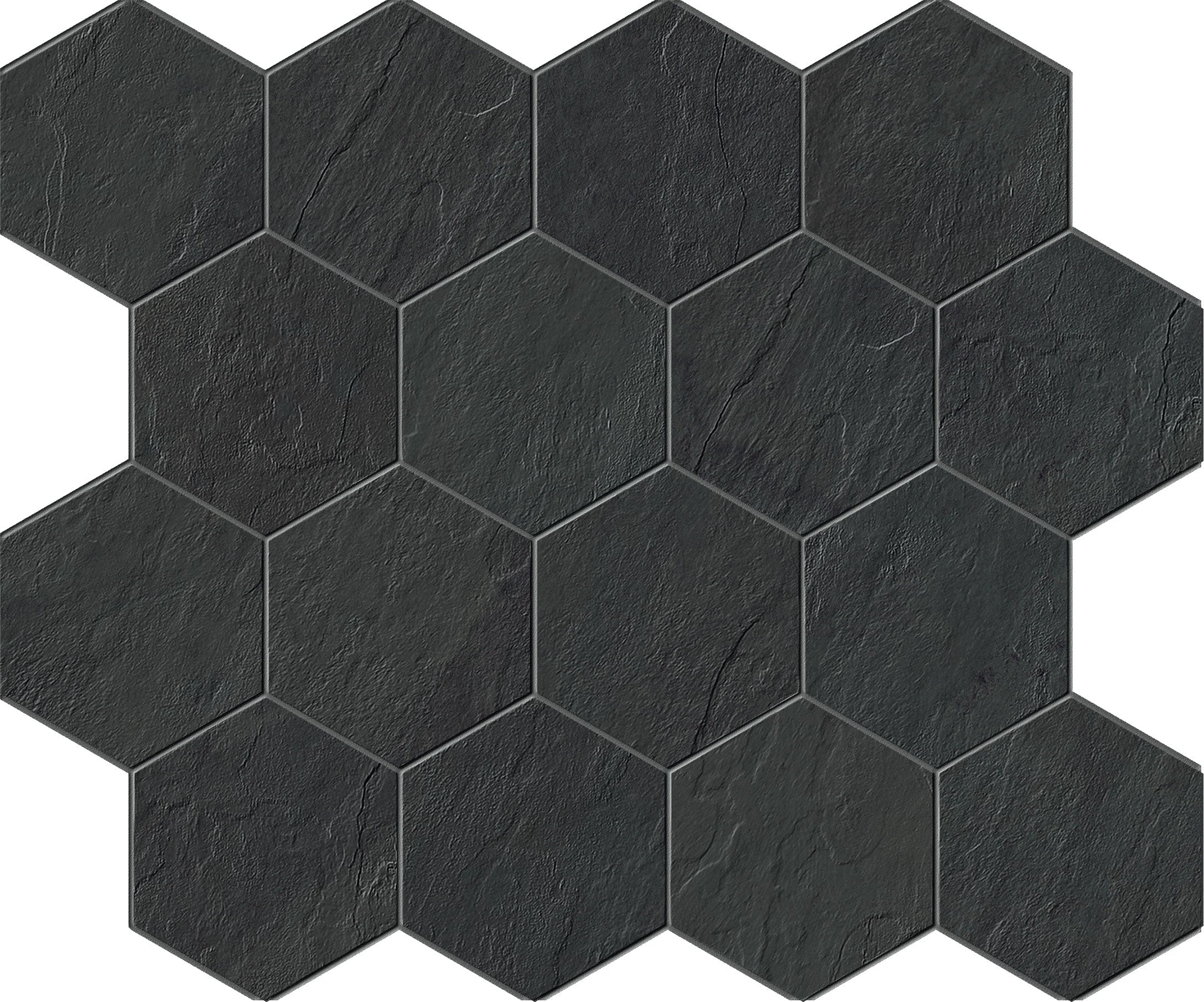 Essence Montauk Black porcelain mosaic, top-down product view, 12"×10"×11/32" size. Premium porcelain for floors and walls.
