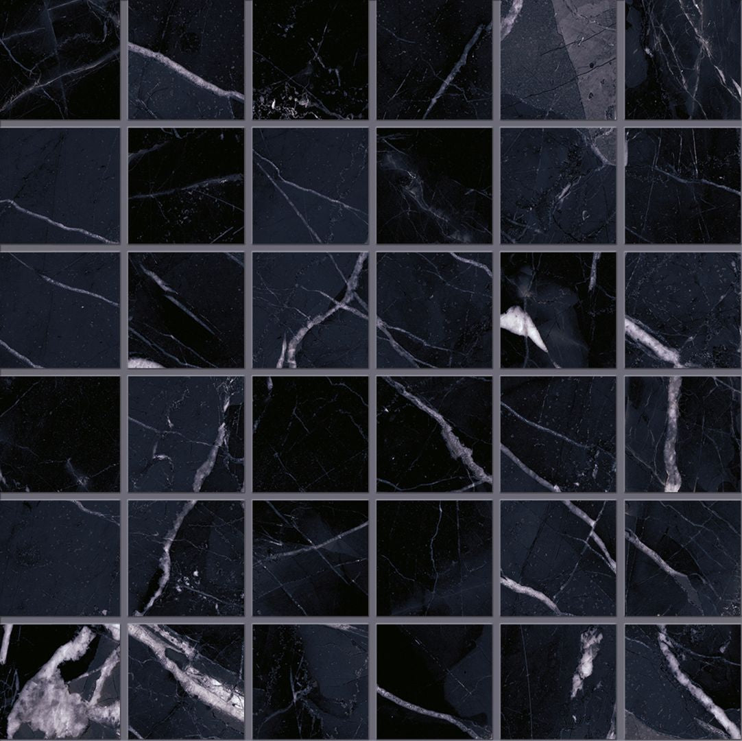 Tele Di Marmo Revolution Calacatta Black porcelain mosaic tile by Emil, full lappato finish, 11 13/16"x11 13/16"x9.5-mm size. Premium Italian porcelain for floors and walls.