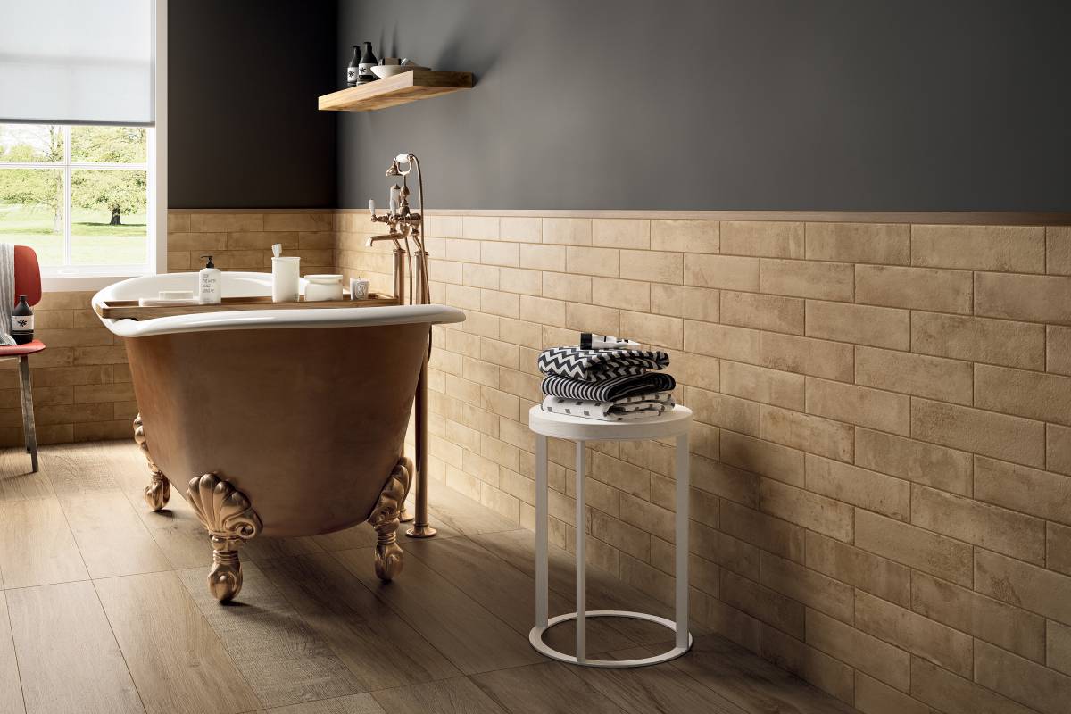 BRICK WORLD LONDON Red porcelain trim, lifestyle installation view 4, 3"×12"×11/32" size. Premium porcelain for floors and walls.
