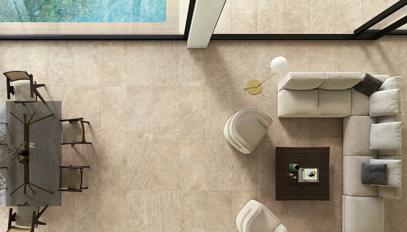Oros Stone SAND porcelain mosaic tile by Emil, naturale finish, 12"x24" size. Premium Italian porcelain for floors and walls.