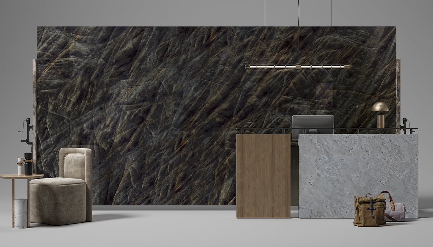 Level Marmi Vitrum Black porcelain field tile by Emil, full lappato finish, 63 25/32"x127 9/16"x12-mm size. Premium Italian porcelain for floors and walls.