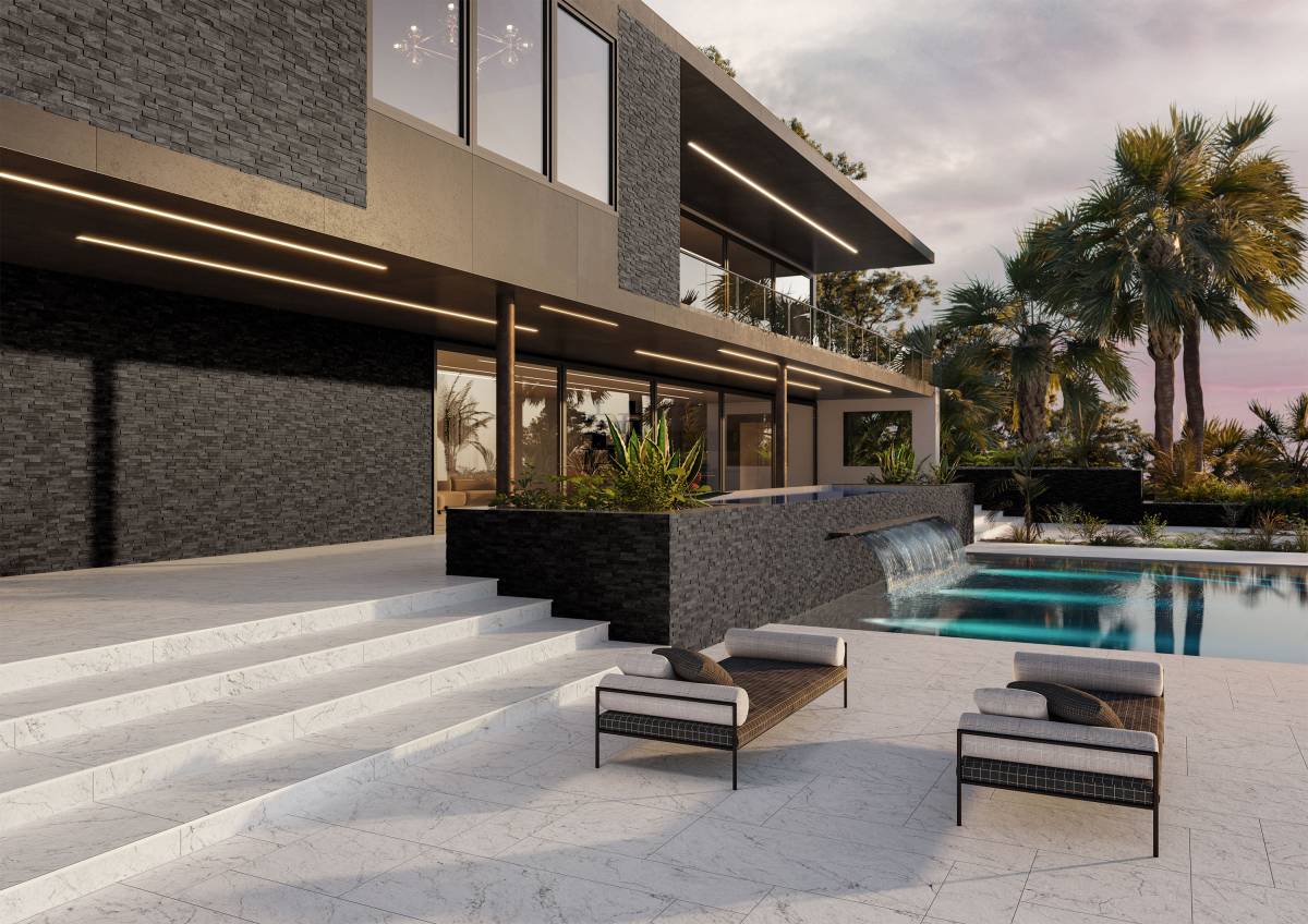 VENEER WORLD URBAN LEDGESTONE EXPLORE African Beige porcelain trim, lifestyle installation view, 5 3/4"×24"×11/32" size. Premium porcelain for floors and walls.