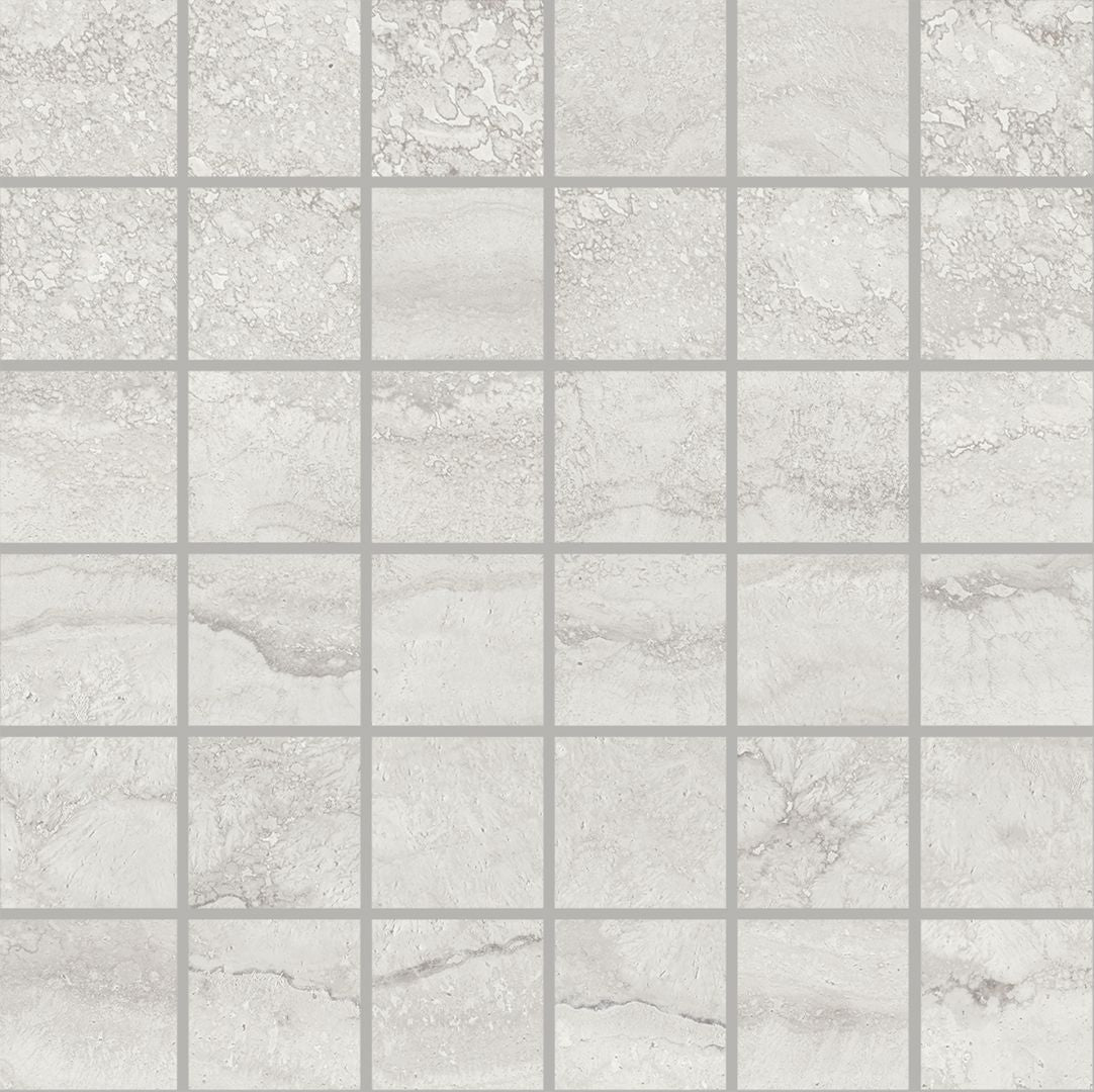 Unique Travertine Silver porcelain mosaic tile by Emil, 11 13/16"x11 13/16"x9.5-mm size. Premium Italian porcelain for floors and walls.