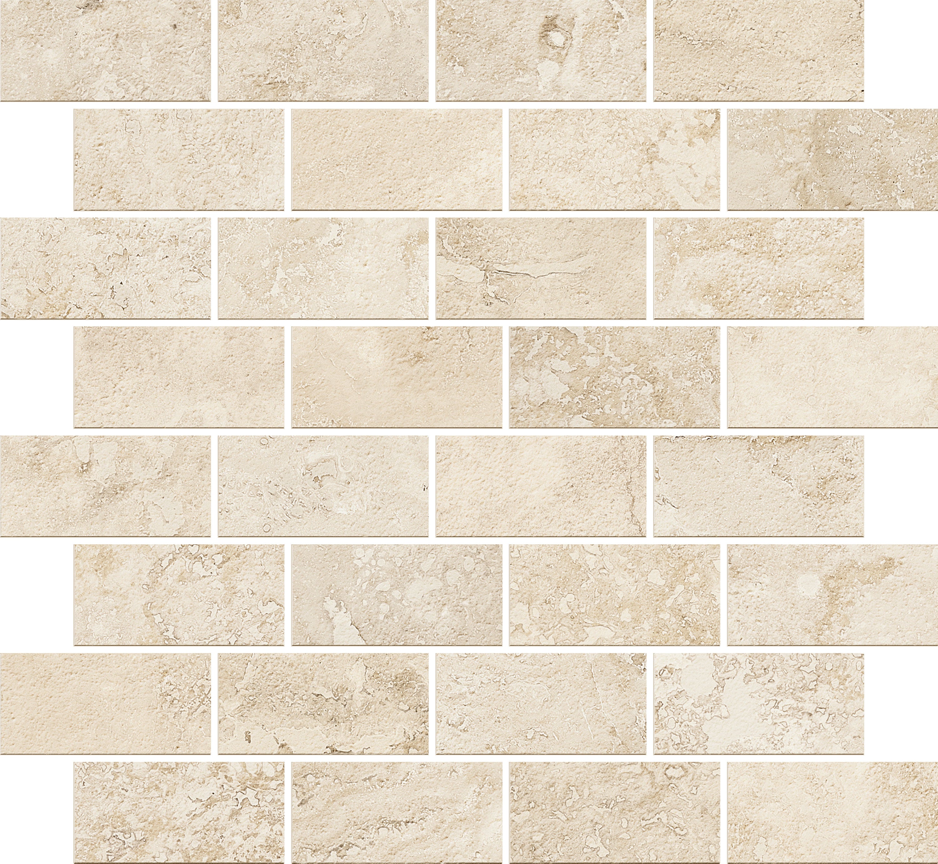 Trail Cross Cut Ivory porcelain mosaic, top-down product view, 12"×12"×11/32" size. Premium porcelain for floors and walls.