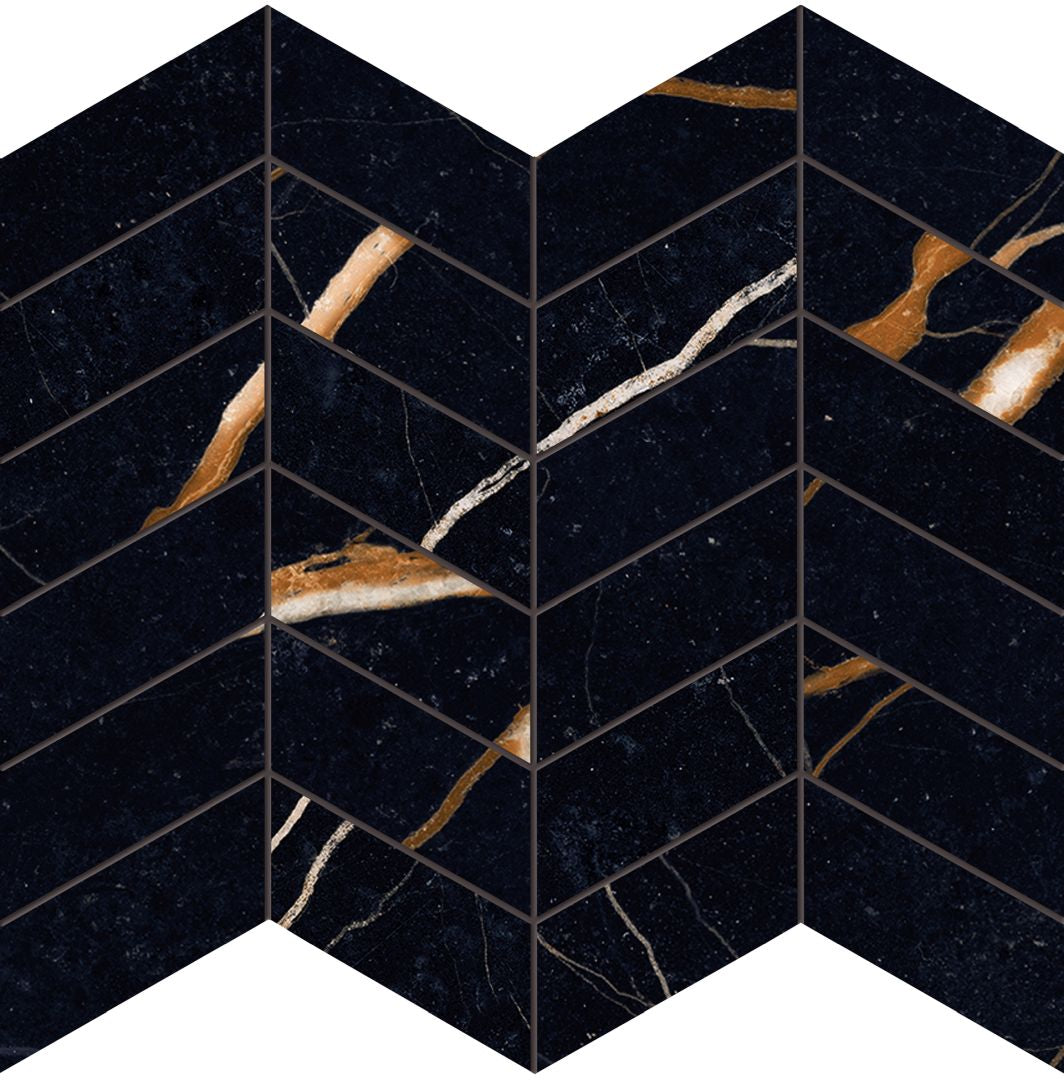 Unique Marble Sahara Noir porcelain mosaic tile by Emil, 11 13/16"x11 13/16"x9.5-mm size. Premium Italian porcelain for floors and walls.
