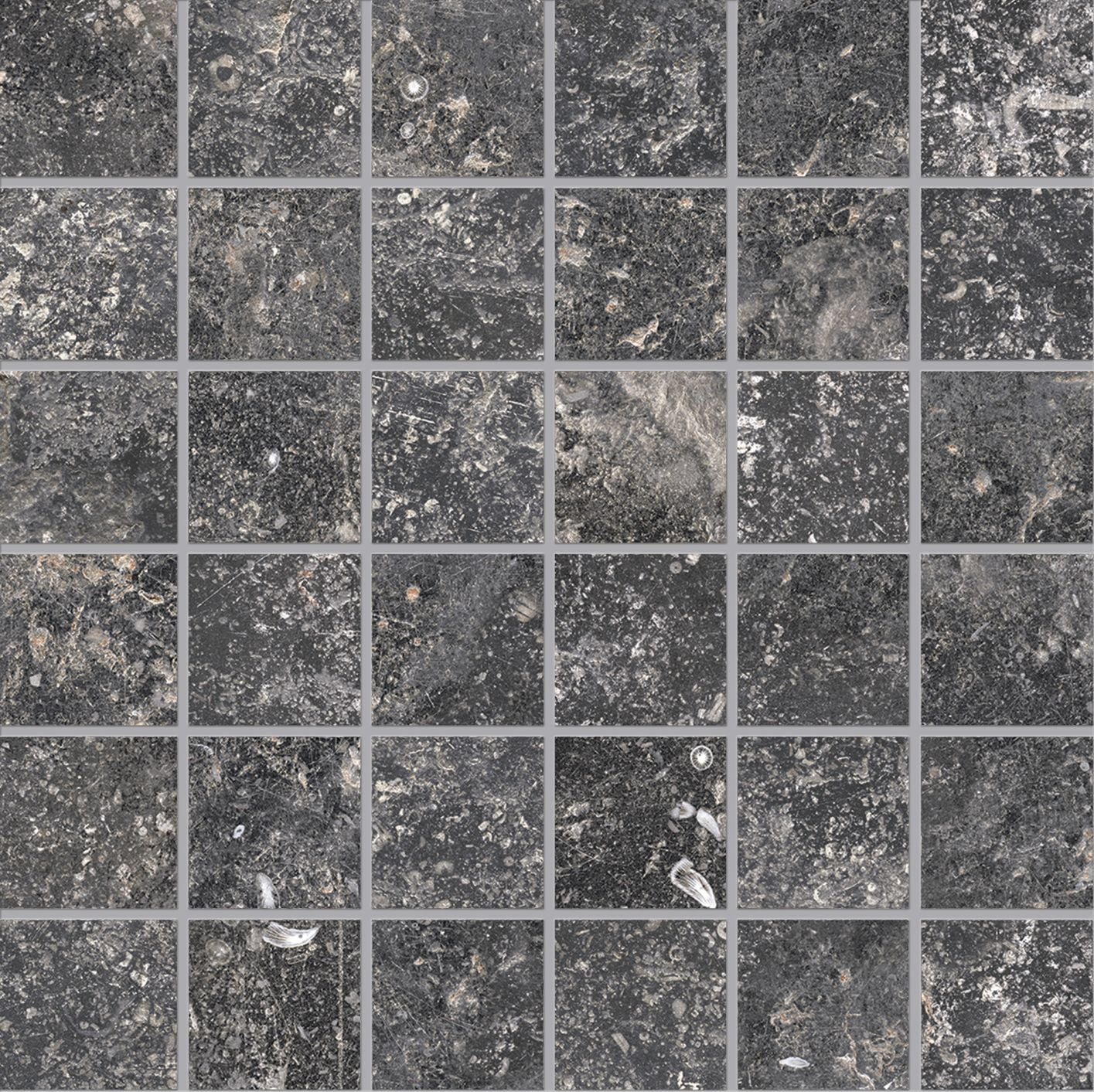 Unique Bleu Anthracite Ancienne porcelain mosaic tile by Emil, 11 13/16"x11 13/16"x9.5-mm size. Premium Italian porcelain for floors and walls.