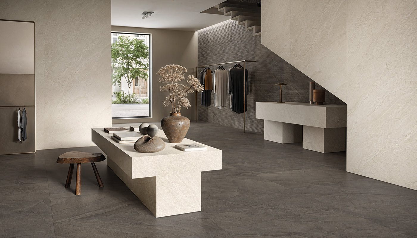Pietra di Orosei Perla porcelain field tile by Emil, silktech finish, 23 5/8"x47 1/4"x9-mm size. Premium Italian porcelain for floors and walls.