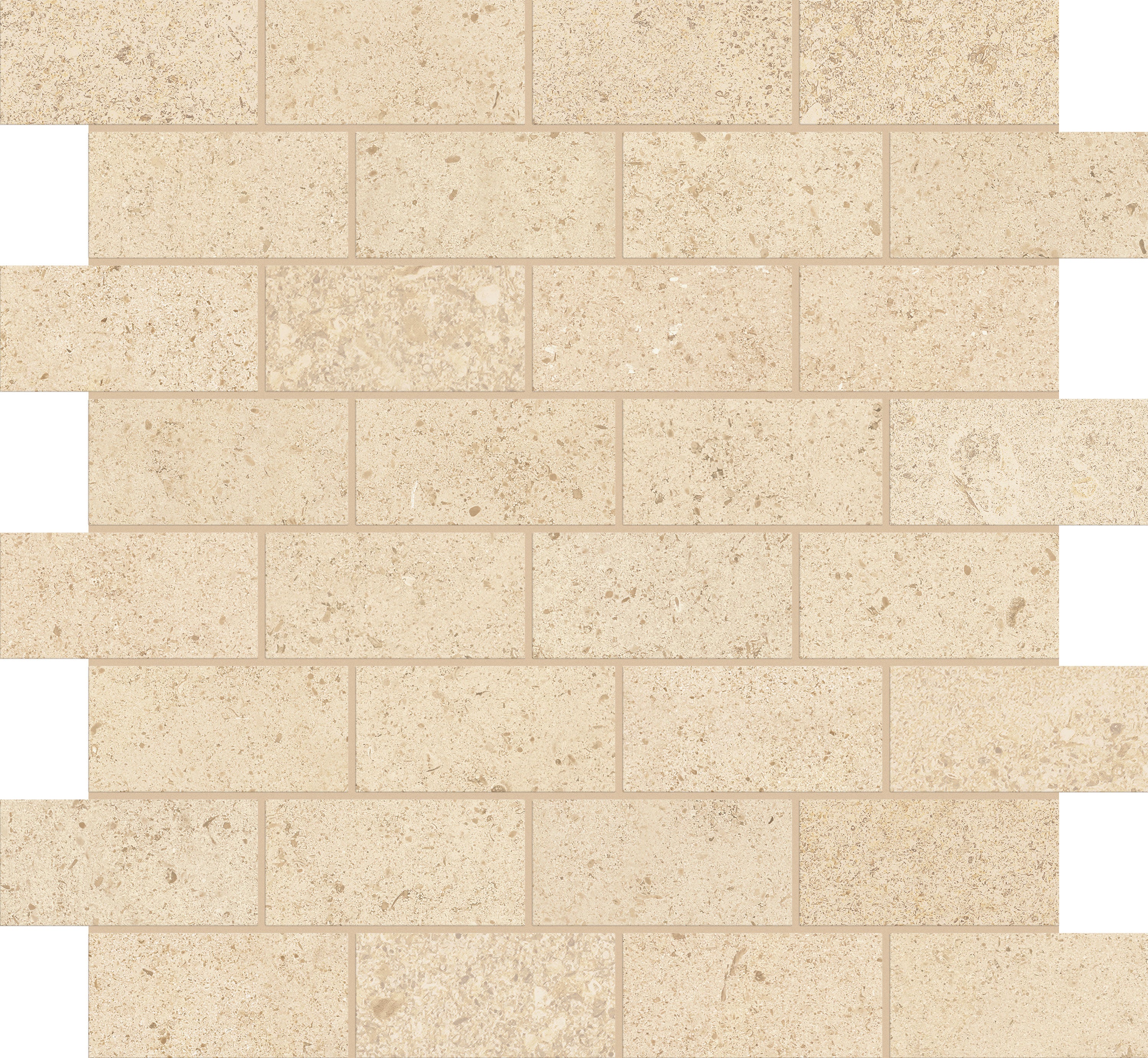 Mood Dune porcelain mosaic, top-down product view, 12"×12"×11/32" size. Premium porcelain for floors and walls.