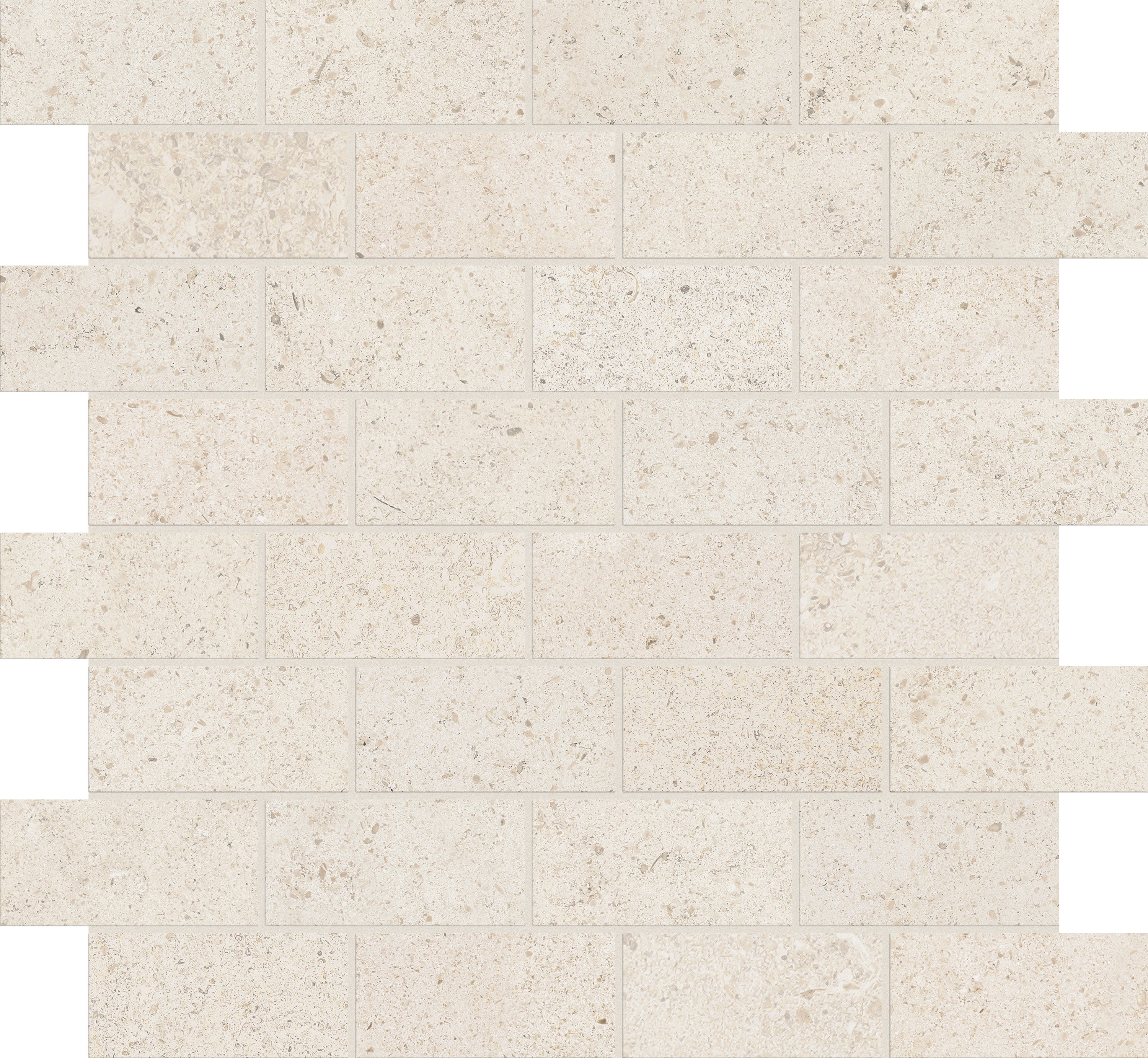 Mood Limestone porcelain mosaic, top-down product view, 12"×12"×11/32" size. Premium porcelain for floors and walls.