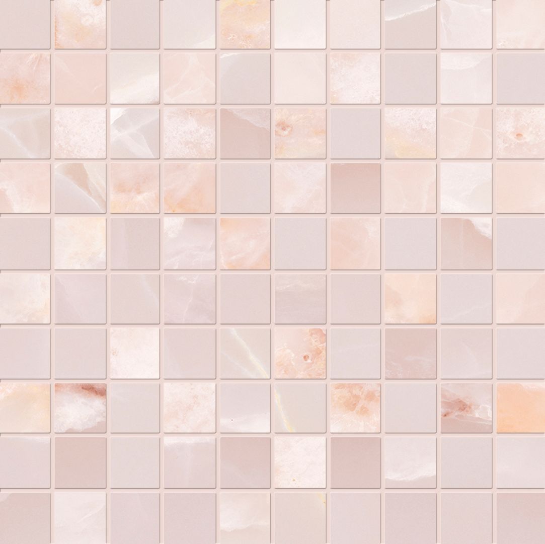 Tele di Marmo Onyx ONYX PINK porcelain mosaic tile by Emil, full lappato finish, 12"x12" size. Premium Italian porcelain for floors and walls.