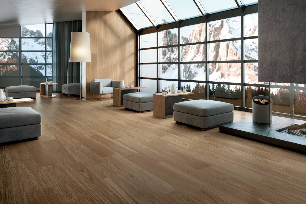 EMOTION Happy Walnut porcelain trim, lifestyle installation view 2, 6"×12"×11/32" size. Premium porcelain for floors and walls.