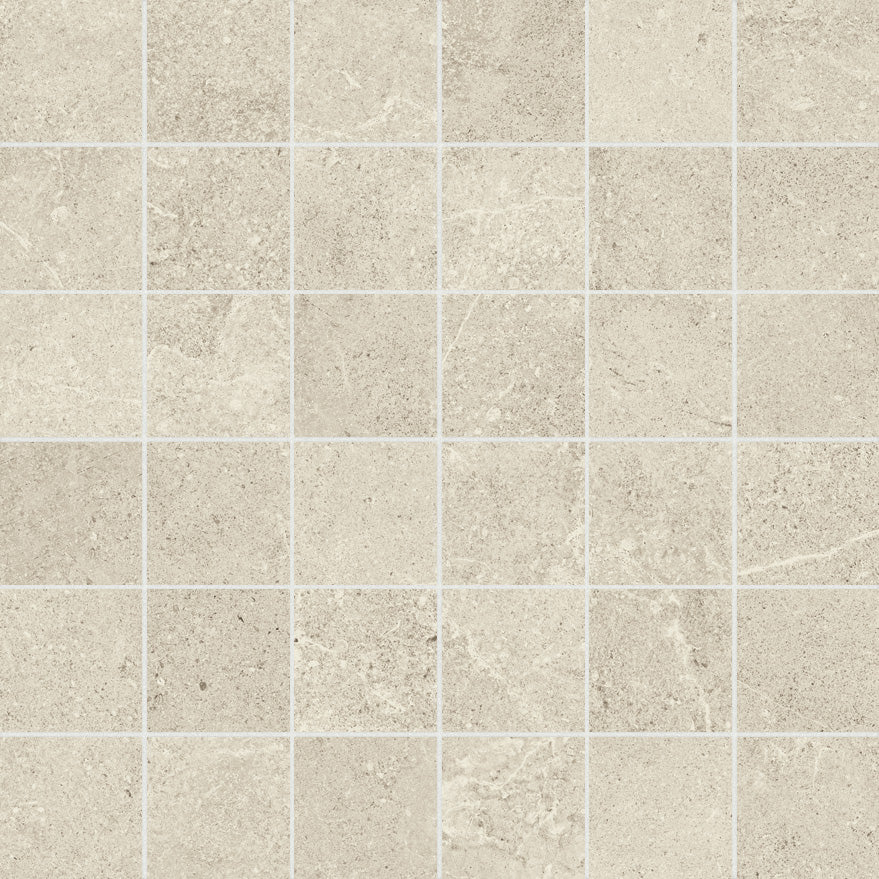 Charleston Beige porcelain mosaic, top-down product view, 12"×12"×5/16" size. Premium porcelain for floors and walls.