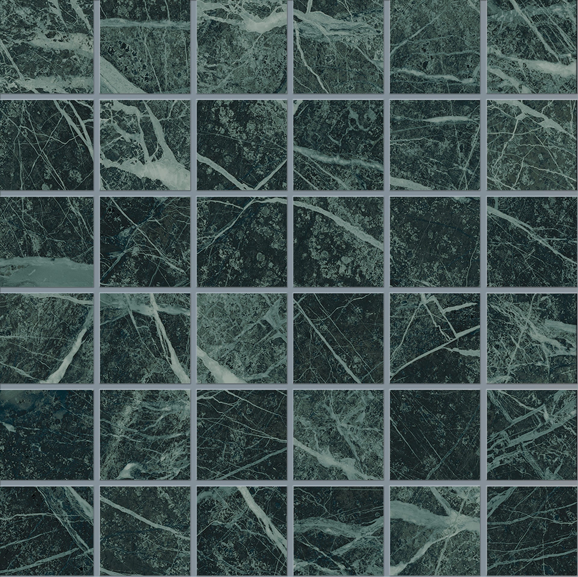 Tele Di Marmo Revolution Verde Saint Denis porcelain mosaic tile by Emil, full lappato finish, 11 13/16"x11 13/16"x9.5-mm size. Premium Italian porcelain for floors and walls.