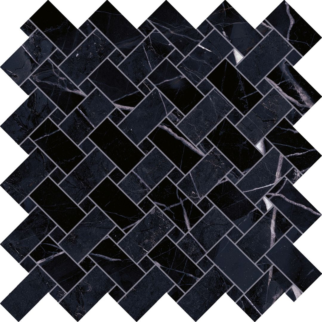 Tele Di Marmo Revolution Calacatta Black porcelain decorative accent tile by Emil, full lappato finish, 47 1/4"x109 7/16"x6.5-mm size. Premium Italian porcelain for floors and walls.