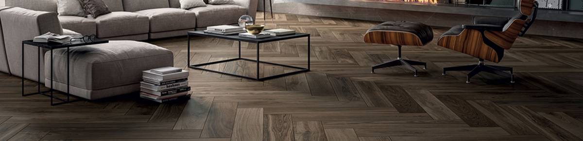 TRUE Classic Oak porcelain field tile, lifestyle installation view 1, 8"×40"×11/32" size. Premium porcelain for floors and walls.
